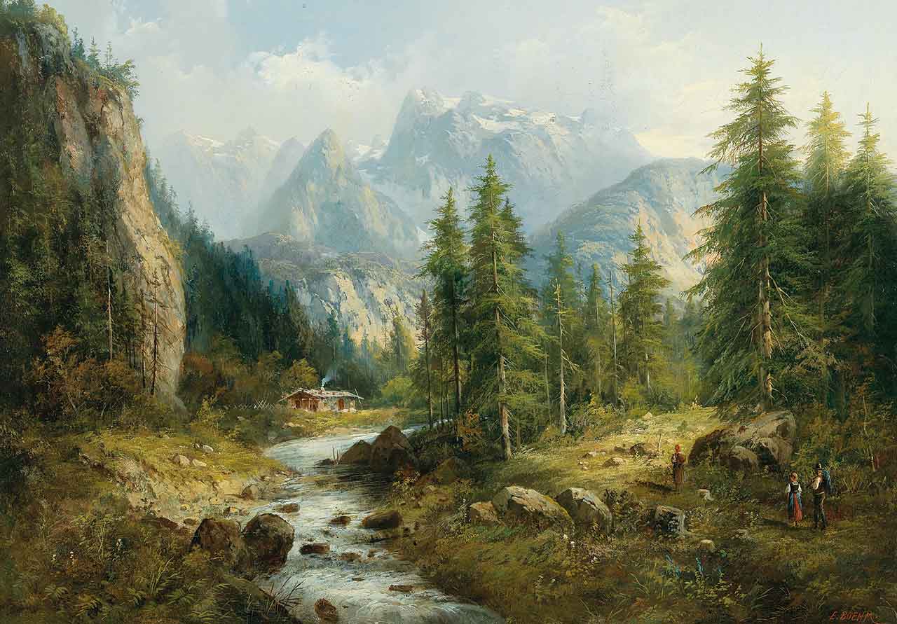 Mountain Landscape with decorative figures by Eduard Boehm