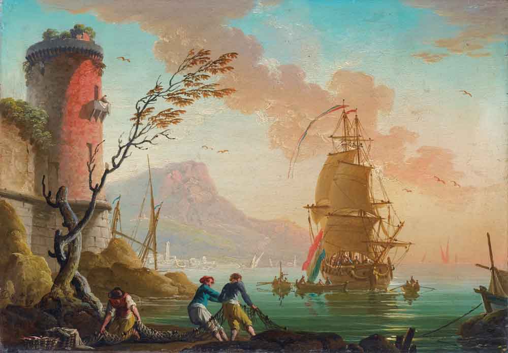Fishing Scene in a Harbor by Charles De Lacroix