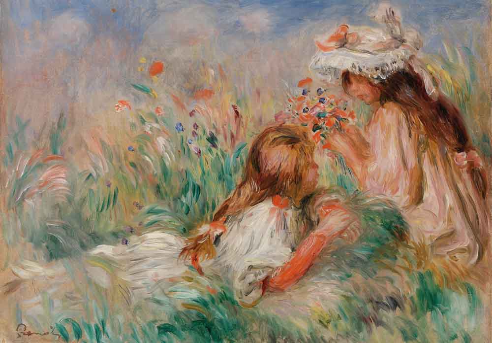 Girls in the Grass Arranging a Bouquet by Renoir